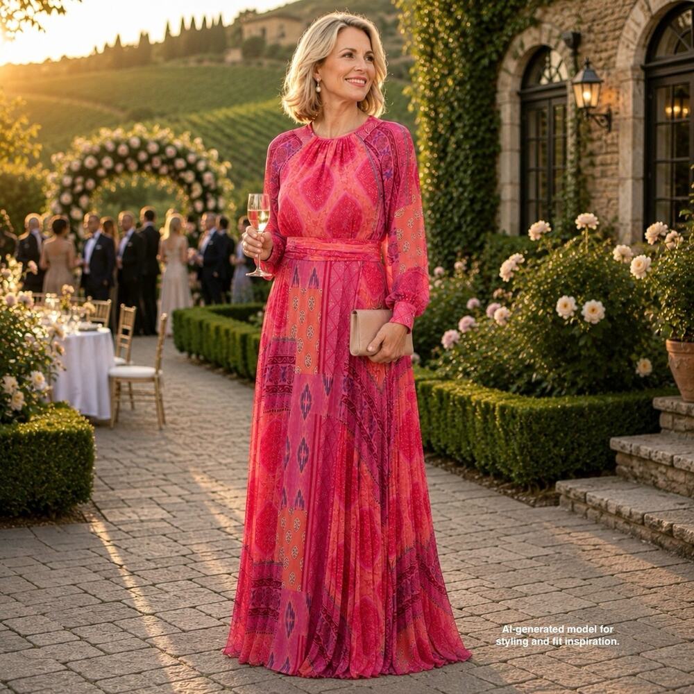 Teri Jon Rickie Freeman Floral Pleated Maxi Gown Dress Sz 8 Fuchsia Mother Bride